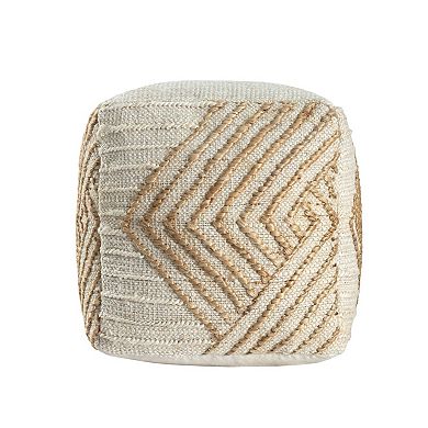 HomeRoots 18" Natural and Off White Cotton Jute And Wool Geometric Cube Pouf Ottoman