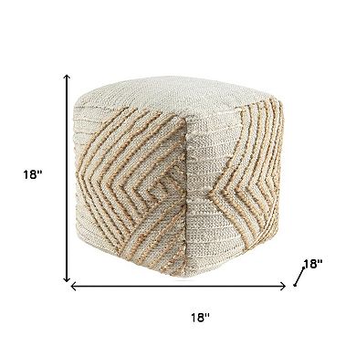 HomeRoots 18" Natural and Off White Cotton Jute And Wool Geometric Cube Pouf Ottoman