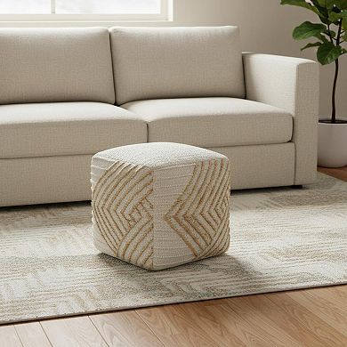 HomeRoots 18" Natural and Off White Cotton Jute And Wool Geometric Cube Pouf Ottoman