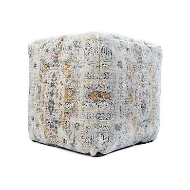 HomeRoots 18" Ivory and Light Gray Upholstered Medallion Pouf Ottoman