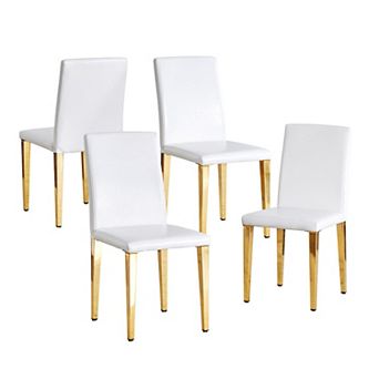 HomeRoots Set of Four White and Gold Faux Leather and Metal Dining Side Chairs