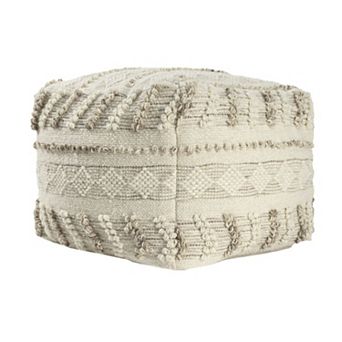 HomeRoots 18" Ivory and Natural Cotton And Wool Striped Pouf Ottoman