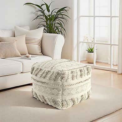 HomeRoots 18" Ivory and Natural Cotton And Wool Striped Pouf Ottoman
