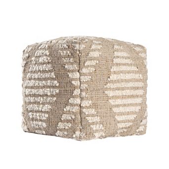 HomeRoots 18" Ivory and Natural Cotton Jute And Wool Geometric Cube Pouf Ottoman