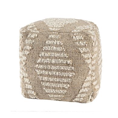HomeRoots 18" Ivory and Natural Cotton Jute And Wool Geometric Cube Pouf Ottoman