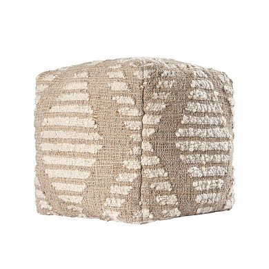 HomeRoots 18" Ivory and Natural Cotton Jute And Wool Geometric Cube Pouf Ottoman