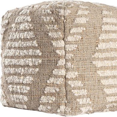 HomeRoots 18" Ivory and Natural Cotton Jute And Wool Geometric Cube Pouf Ottoman