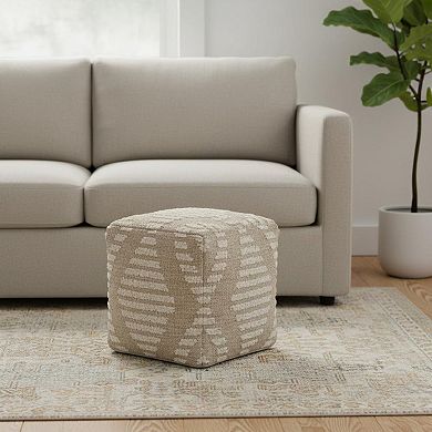 HomeRoots 18" Ivory and Natural Cotton Jute And Wool Geometric Cube Pouf Ottoman
