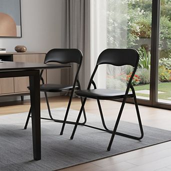 HomeRoots Set of Two Black Faux Leather and Steel Folding Chairs