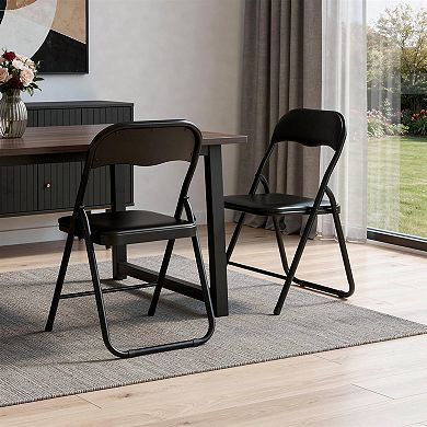 HomeRoots Set of Two Black Faux Leather and Steel Folding Chairs
