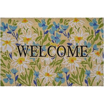 HomeRoots 30" X 48" Brown Light Blue And Green Floral Welcome Outdoor Coir Door Mat