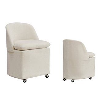 HomeRoots Set of Two Beige Chenille Wing Back Dining Chairs With Wheels