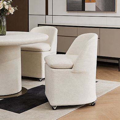 HomeRoots Set of Two Beige Chenille Wing Back Dining Chairs With Wheels
