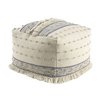 HomeRoots 18" Ivory and Navy Blue Cotton And Wool Striped Pouf Ottoman