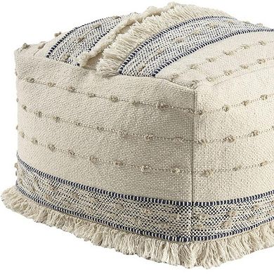 HomeRoots 18" Ivory and Navy Blue Cotton And Wool Striped Pouf Ottoman