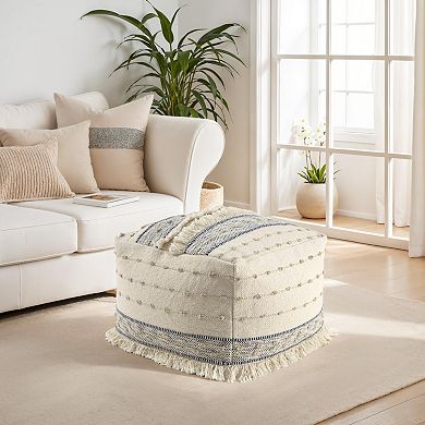 HomeRoots 18" Ivory and Navy Blue Cotton And Wool Striped Pouf Ottoman