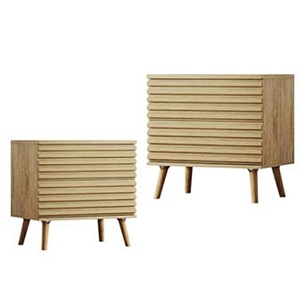 HomeRoots Set of Two 23" Natural Solid Wood Ribbed Texture Two Drawer Nightstand