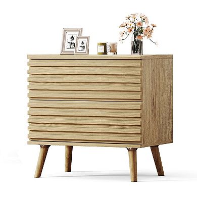 HomeRoots Set of Two 23" Natural Solid Wood Ribbed Texture Two Drawer Nightstand