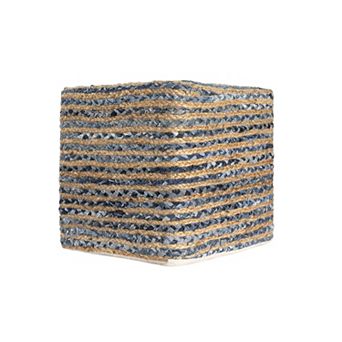 HomeRoots 18" Beige and Blue Cotton And Jute Striped Pouf Ottoman