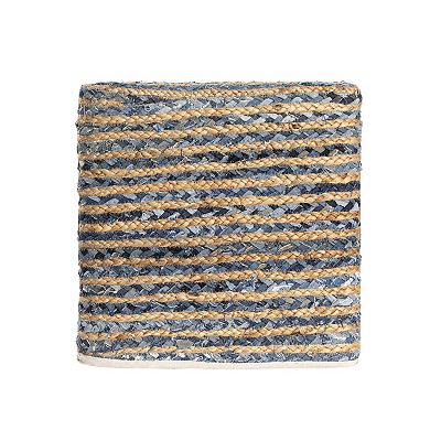 HomeRoots 18" Beige and Blue Cotton And Jute Striped Pouf Ottoman