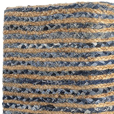 HomeRoots 18" Beige and Blue Cotton And Jute Striped Pouf Ottoman