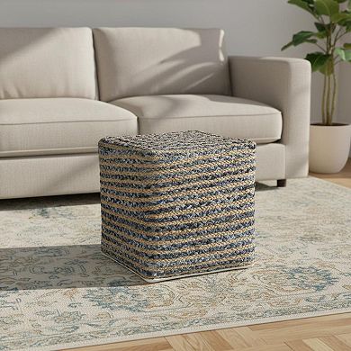 HomeRoots 18" Beige and Blue Cotton And Jute Striped Pouf Ottoman