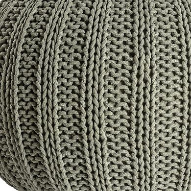 HomeRoots 20" Green Cotton Cable Knit Round Pouf Ottoman