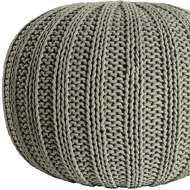 HomeRoots 20" Green Cotton Cable Knit Round Pouf Ottoman