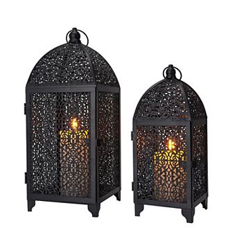 HomeRoots Set of Two Black Metal Filigree Tabletop Lantern Candle Holders