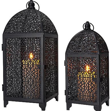 HomeRoots Set of Two Black Metal Filigree Tabletop Lantern Candle Holders