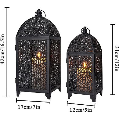 HomeRoots Set of Two Black Metal Filigree Tabletop Lantern Candle Holders