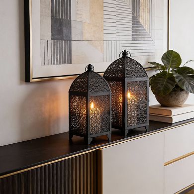HomeRoots Set of Two Black Metal Filigree Tabletop Lantern Candle Holders
