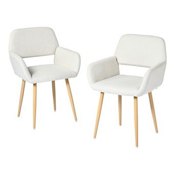HomeRoots Set of Two Beige and Oak Fabric and Steel Dining Arm Chairs