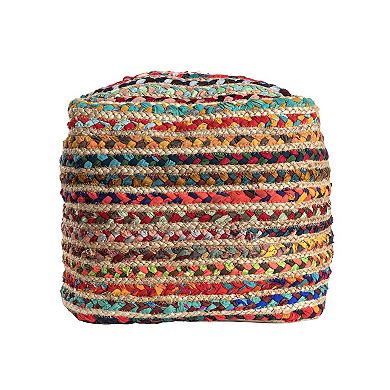 HomeRoots 18" Natural and Rainbow Braided Jute And Polyester Striped Pouf Ottoman