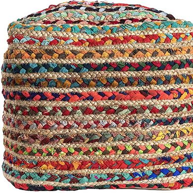 HomeRoots 18" Natural and Rainbow Braided Jute And Polyester Striped Pouf Ottoman
