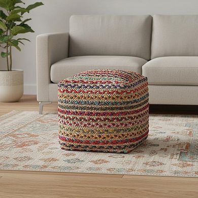 HomeRoots 18" Natural and Rainbow Braided Jute And Polyester Striped Pouf Ottoman