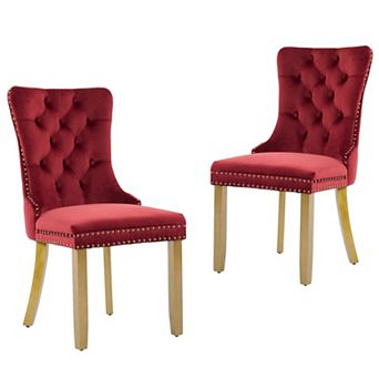 HomeRoots Set of Two Red and Gold Tufted Velvet And Solid Wood Dining Side Chairs