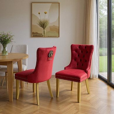 HomeRoots Set of Two Red and Gold Tufted Velvet And Solid Wood Dining Side Chairs