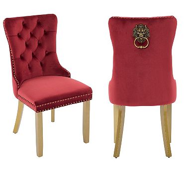 HomeRoots Set of Two Red and Gold Tufted Velvet And Solid Wood Dining Side Chairs