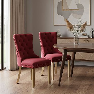 HomeRoots Set of Two Red and Gold Tufted Velvet And Solid Wood Dining Side Chairs