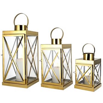 HomeRoots Set of Three Clear And Gold Glass And Stainless Steel Floor Lantern Candle Holders