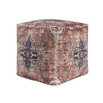 HomeRoots 18" Navy Blue and Terra Cotta Upholstered Medallion Pouf Ottoman