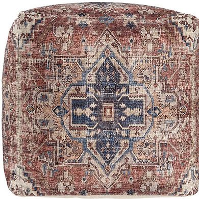 HomeRoots 18" Navy Blue and Terra Cotta Upholstered Medallion Pouf Ottoman