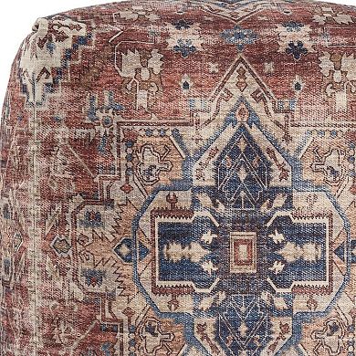 HomeRoots 18" Navy Blue and Terra Cotta Upholstered Medallion Pouf Ottoman