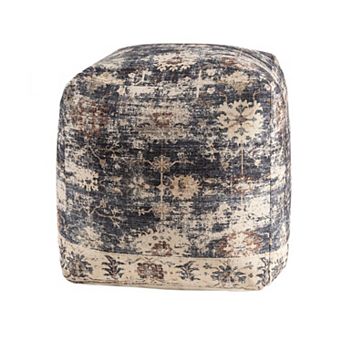 HomeRoots 18" Navy Blue and Tan Upholstered Medallion Pouf Ottoman