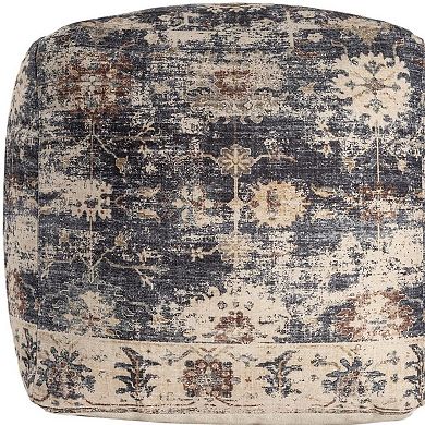 HomeRoots 18" Navy Blue and Tan Upholstered Medallion Pouf Ottoman