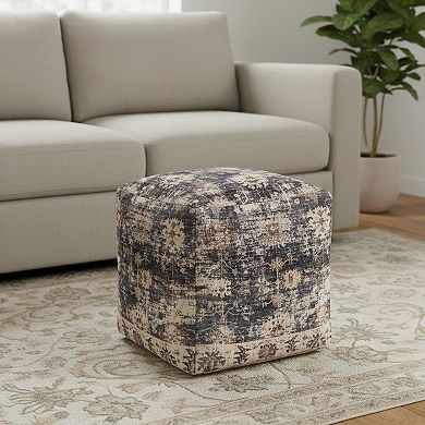 HomeRoots 18" Navy Blue and Tan Upholstered Medallion Pouf Ottoman