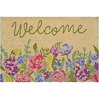 HomeRoots 18" X 30" Brown Green And Pink Floral Welcome Outdoor Coir Door Mat