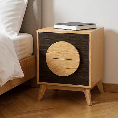 HomeRoots 21" Oak And Dark Brown Solid Wood Square Two Drawer Nightstand