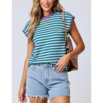 Women's Striped Pullover Tank Top Round Neck Cap Sleeve Summer Casual Vest